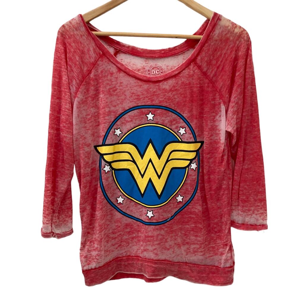 DC Comics Wonder Woman Super Hero Logo 3/4 Sleeve Red Burnout Blouse Top 7/9 Med
